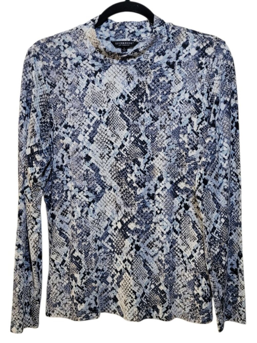 Liverpool Los Angeles Mock Neck Snake Print Top Long Sleeve Knit Blue Gray Large